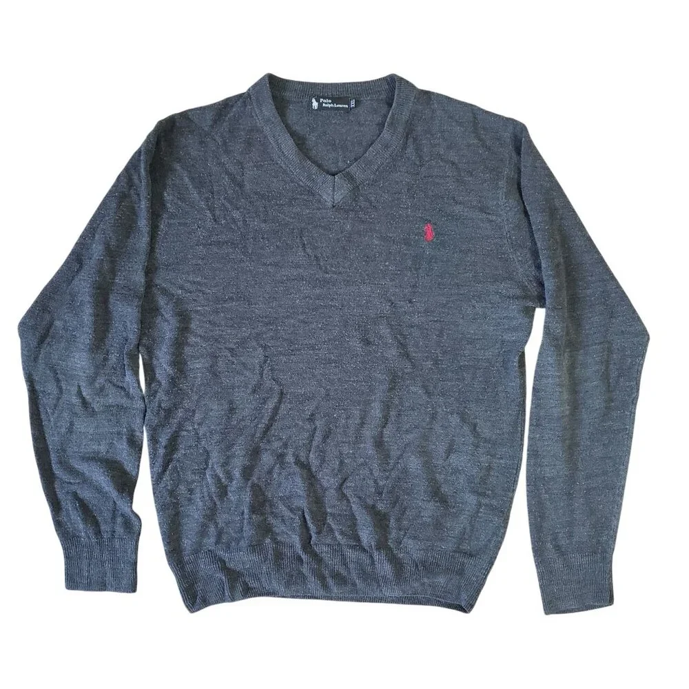Polo Ralph Lauren Mens V-Neck Gray Cashmere Sweater XXL Preppy Old Money Grandpa